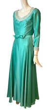 Vtg 1960s 50s Evening Gown Dress Long Embellished Satin Aqua Green 60s UK 10