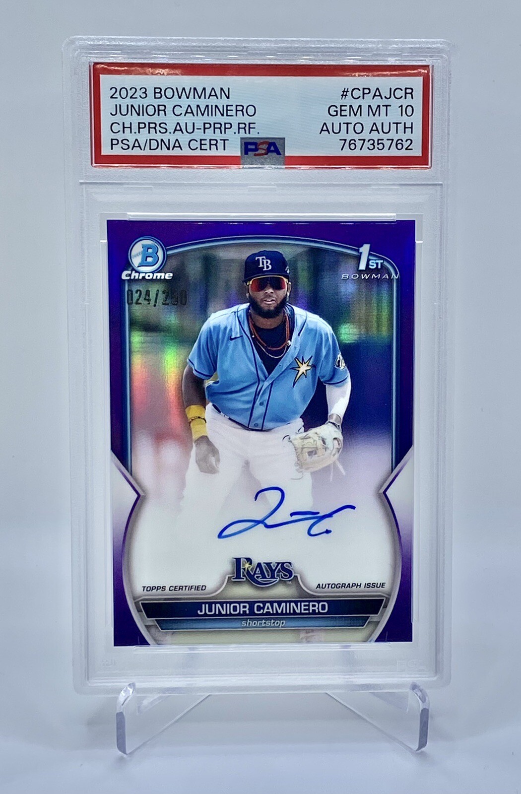PSA 10 Junior Caminero 2023 Bowman Chrome 1st Auto RC Purple Refractor /250
