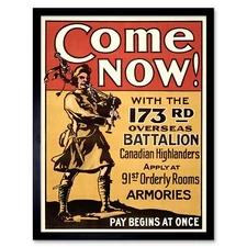 Propaganda War Wwi Canada Highland Battalion Enlist 12X16 Inch Framed Art Print