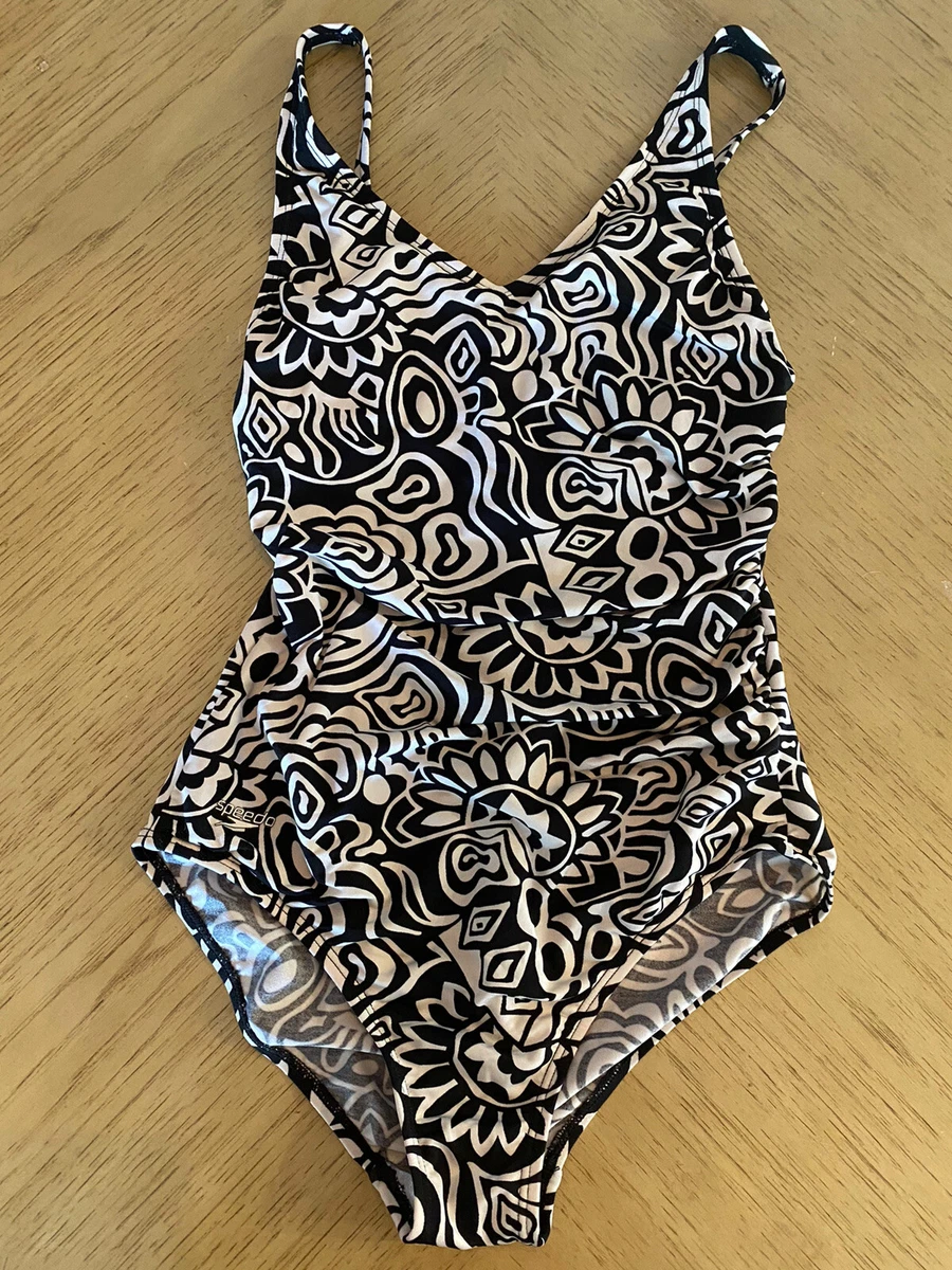 Speedo Women s One Piece Swimsuit Bathing Suit Black White Tribal