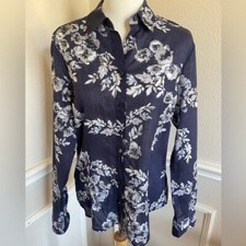 Coldwater Creek Anytime No-Iron Cotton Shirt Modern Floral Blue Grey Cream Sz 8