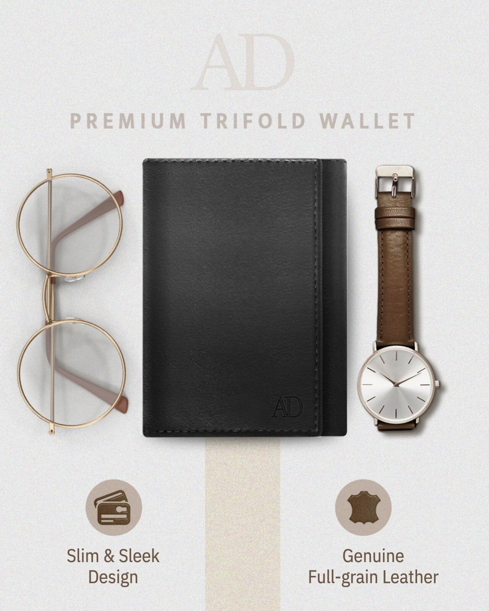 Portafoglio trifold stile minimalista uomo, in pelle, con chiusura