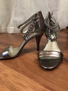 STYLE & Co PROMISE Womans High Heels Shoes Pumps Silver Open  Chain 7 Metal