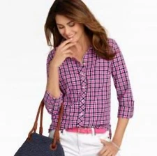 Talbots magenta &  black plaid cotton button down size medium