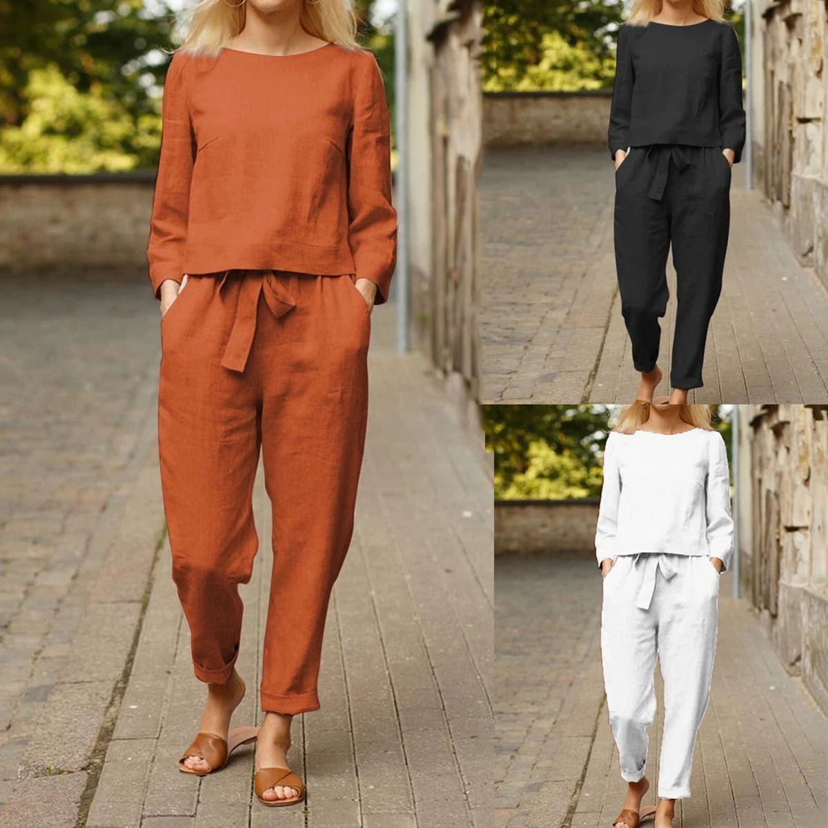 Work Out Outfits Ladies Cotton Linen Suit Fashion Comfortable Lace up Pants