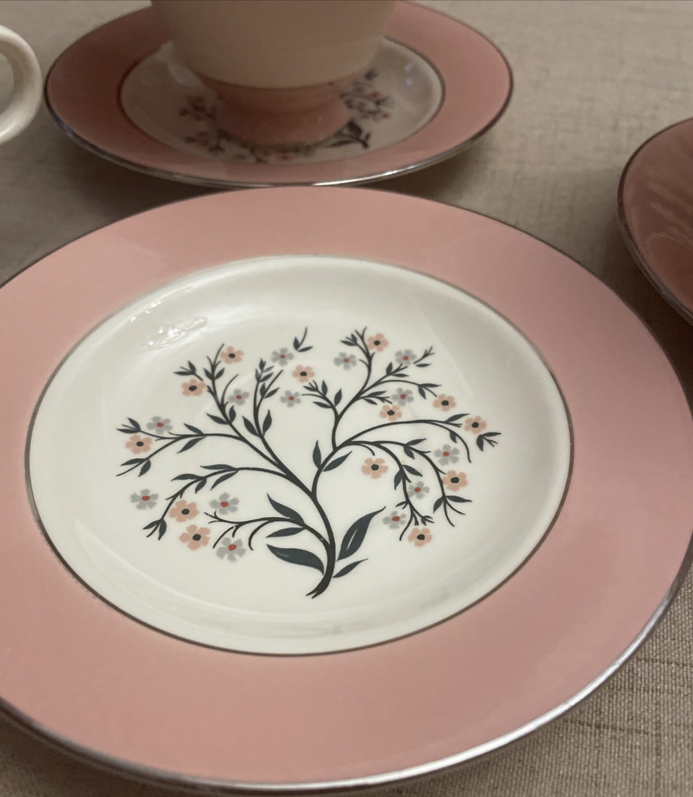 Set of 5 Homer Laughlin Vintage EggShell China Cavalier w/Pink Rim Cups &Saucers