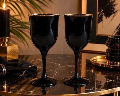 Vintage 2 Noritake Style Ebony Black Crystal Wine Goblet /s Gold Rim MCM Gothic