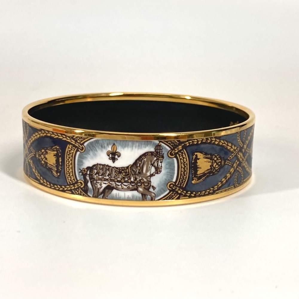 HERMES Enamel GM Horse Bangle Bracelet Black Gold Ladies Jewelry Accessory