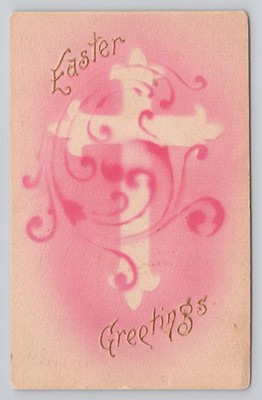 Easter Greetings Gold Embossed Text with Pink Air Brush Design Cross Postcard