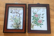 2 Piastrelle Porcellana Cinese Antica Famiglia Rosa Floreale Uccellini Incorniciato Legno 18x13