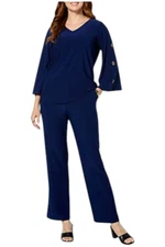 Antthony Women's 2-piece Rhinestone Grommet Top & Pant Set Navy
