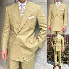 Linen Men Suits 2Pcs Double Breasted Wedding Groom Tuxedos Casual Business 2 Pcs