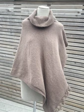 Aotearoa Taupe Brown Roll Neck Merino/Angora Wool Blend Poncho Fringe Size S/M