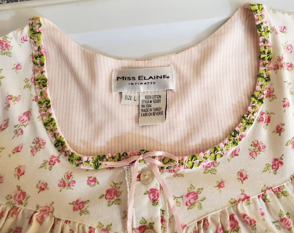 MISS ELAINE Cotton Nightgown Roses Appliques- Size L - Image 4 of 4