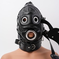 PU Leather Headgear Open Mouth Head Hood Mask Harness with Plug Bondage BDSM