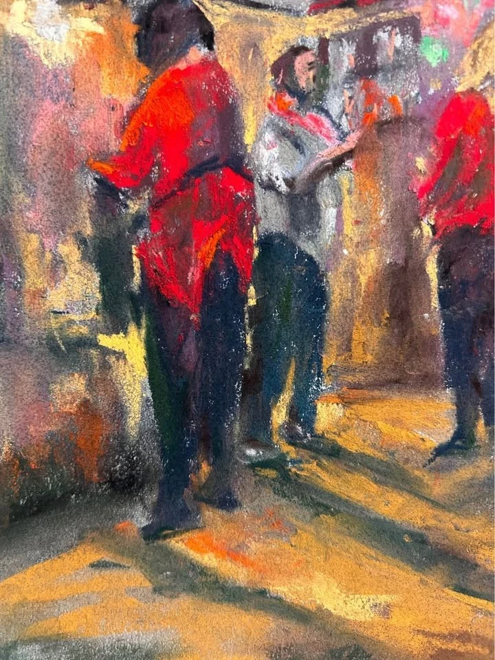 Pintura pastel hecha a mano, fiesta de Navidad 9x12 arte de pared sin marco, firmado Foto 4 de 4