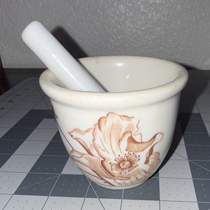 Caribe China Ceramic Mortar & Pestle White/Brown Floral 4in Dia x 3in H