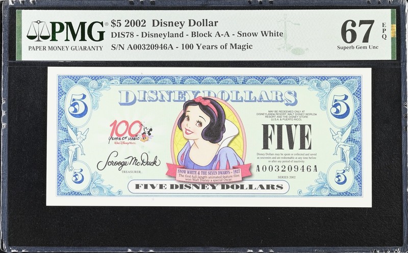 2002 A $5 Disney Dollar Snow White PMG 67EPQ DIS78 MOST POPULAR, HIGH GRADE NOTE
