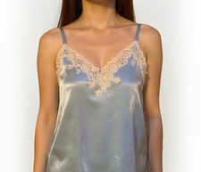 Oscar De La Renta Pink Label Size S Blue Satin Nightgown Robe Negligee Lace Trim