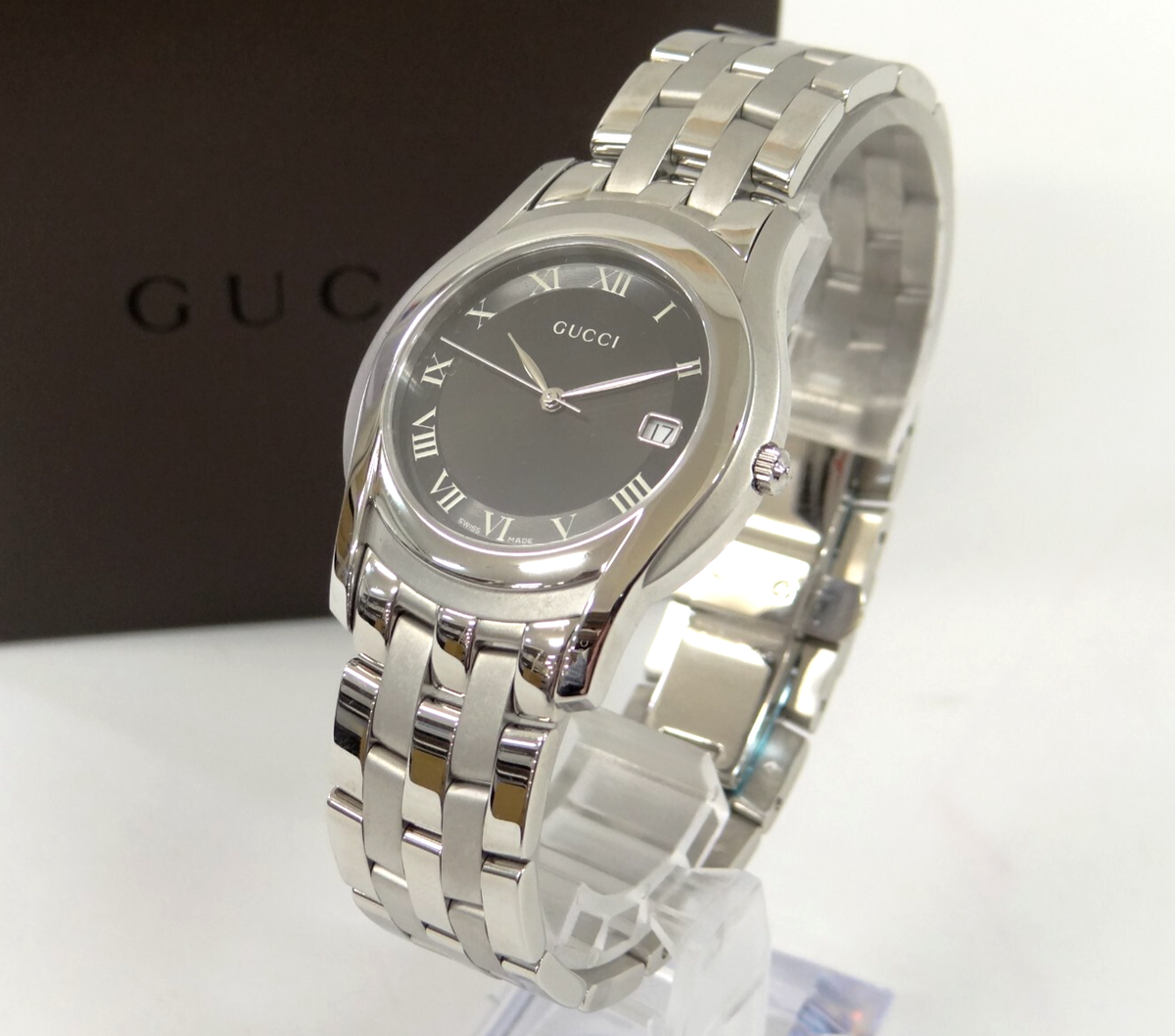 GUCCI Mens Quartz Watch 5500M Black Dial Battery Replaced 64220006800