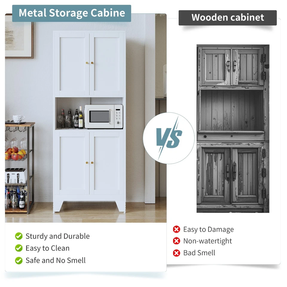 Металлический кухонный кладовой шкаф 69 дюймов в высоту с дверцами и регулируемыми полками - Изображение 3 из 4