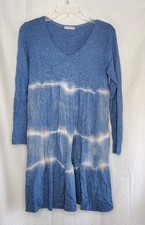 Made In Italy Blue Tie Dye Tiered Sweater Dress Soft Lightweight V-neck  Medium 
