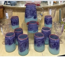 Purple Swirl Pitcher And Glasses Henry Levine Signed Thorn Ridge Studio 10 Piece