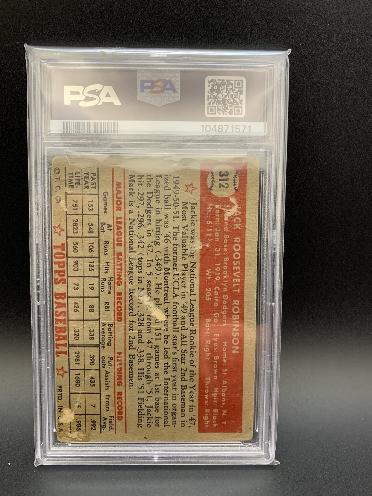 1952 topps Jackie Robinson #312 PSA Authentic Altered view 2