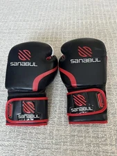 Excellent SANABUL Black / Red / White Leather Essential Gel Boxing Gloves -14oz