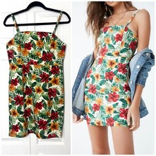 Forever 21 Green Red Hawaiian Floral Tropical Bodycon Tank Mini Dress Size Large