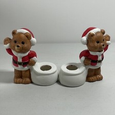 Vintage 2pc Set Christmas Bears Taper Candle Holiday Holders Display Table Top