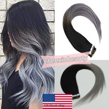 Seamless Tape in Remy Real Human Hair Extensions Ombre Color Black to Grey Gray