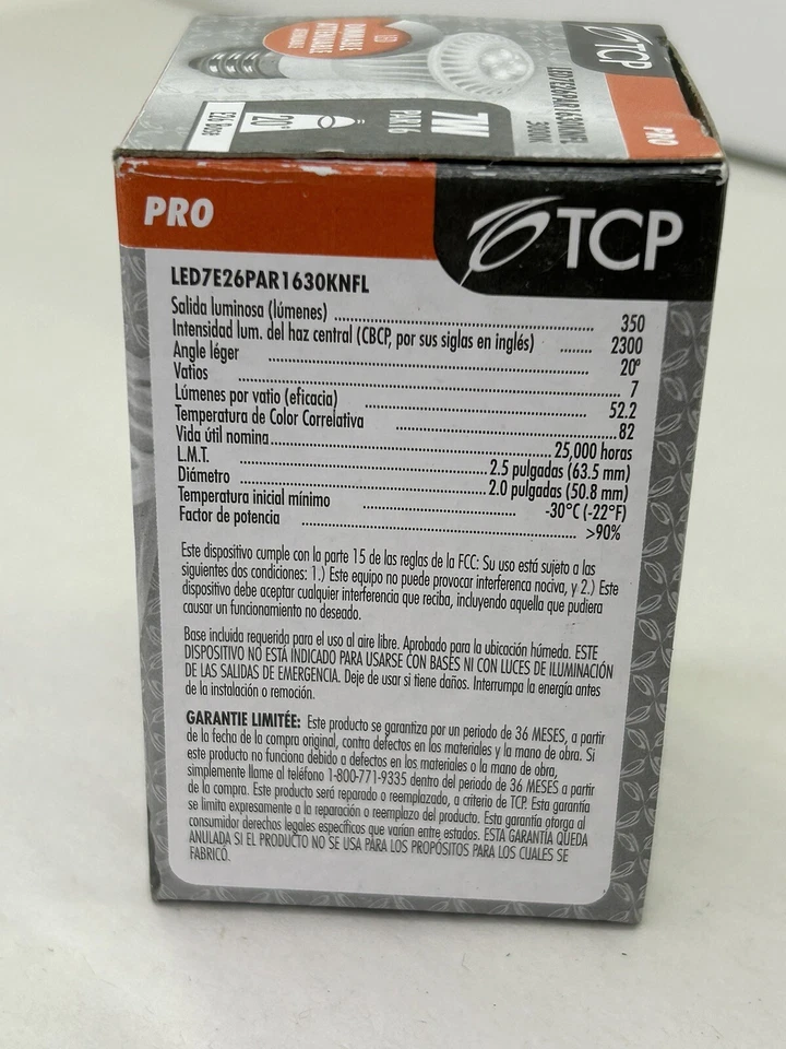 TCP Dimmable PAR16 LED Lamp Floodlight, 7W, 3000K, 350LUM. E26 base 120V 20 Deg - Image 2 of 4