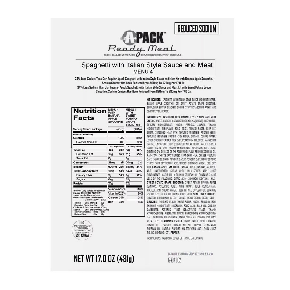 APack Reduced Sodium MRE – Case Of 12 (6 Menus) – Insp 10/29