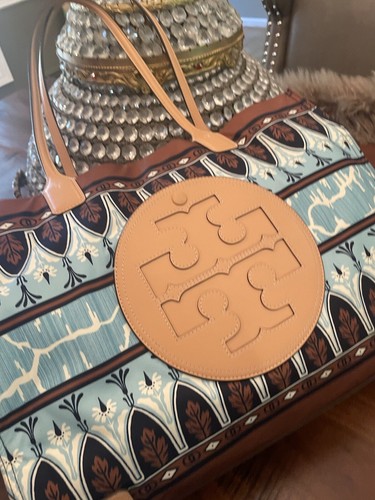 Tory Burch BAG..Ella Brown / Blue Mixed Print ..Printed Tote Large