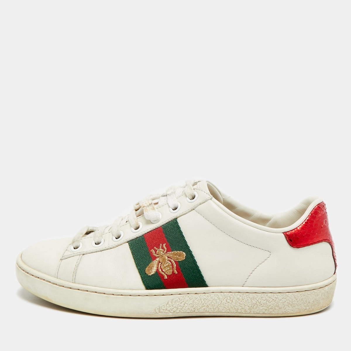 Gucci Ace Size 35 White Leather and Python Embossed Web