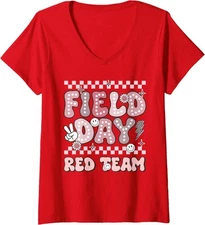 Field Day Red Team Groovy Smile Face Checkered Ladies' V-Neck Tshirt