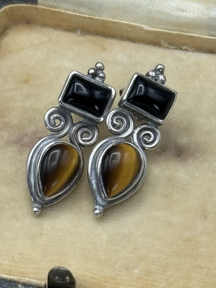 Винтажные серьги 925 пробы с надписью тигровый глаз оникс находка для недвижимости - Изображение 4 из 4