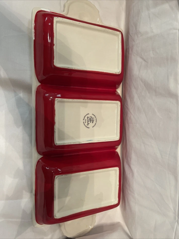 Ceramic 3 Section Appetizer Serving Dish Tray Red Flower Handles Brunch Spring - Image 2 of 4