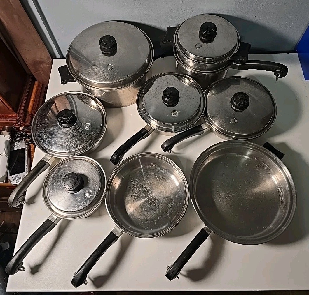 Vtg 19 Piece SALADMASTER Stainless Steel Cookware Vapo Lids 18-8