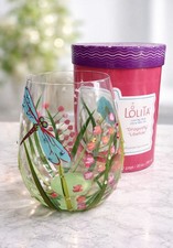 Image of Lolita Dragonfly Stemless Wine Glass Hand Painted Jeweled Floral Art with Box