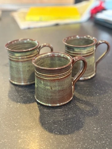NC ART POTTERY Jugtown Ware SET OF 3 Green Brown Glazed Coffee Mugs 1986 EX COND