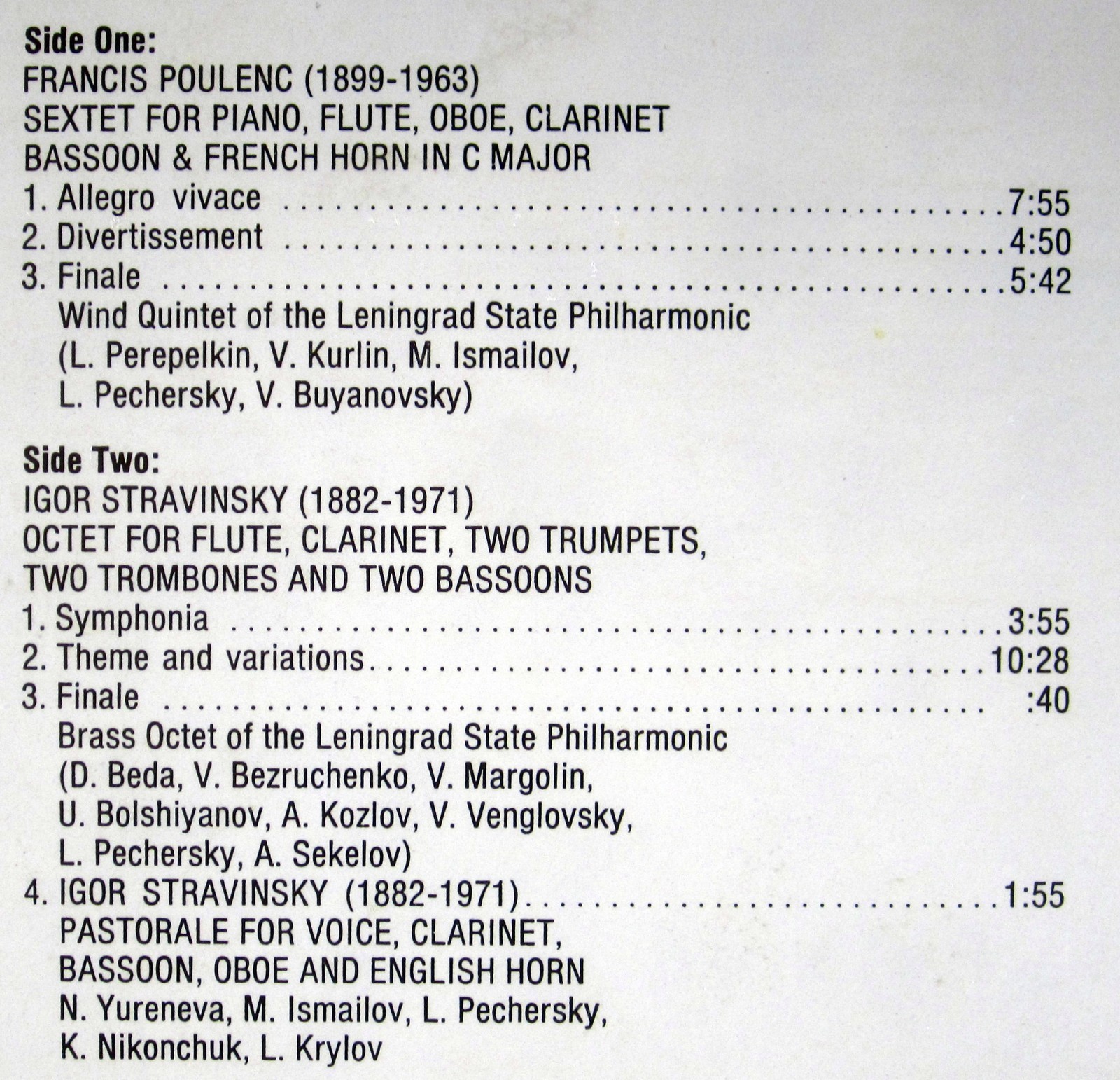 WESTMINSTER GOLD 1974 Winds Works for POULENC & STRAVINSKY Melodiya WGS-8259