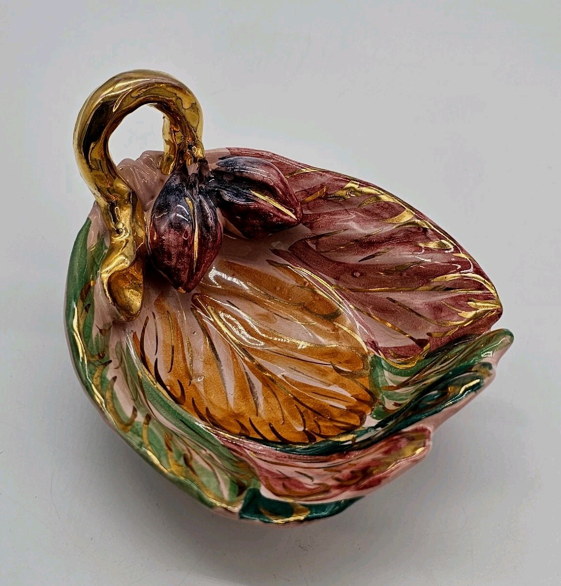 Vntg Italian Pottery Hand Painted Ceramic Applied Figs Leaf Trinket Bowl Handle