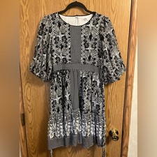 In Bloom Boho Style Black and White short dress/tunic contrasting pattern tie
