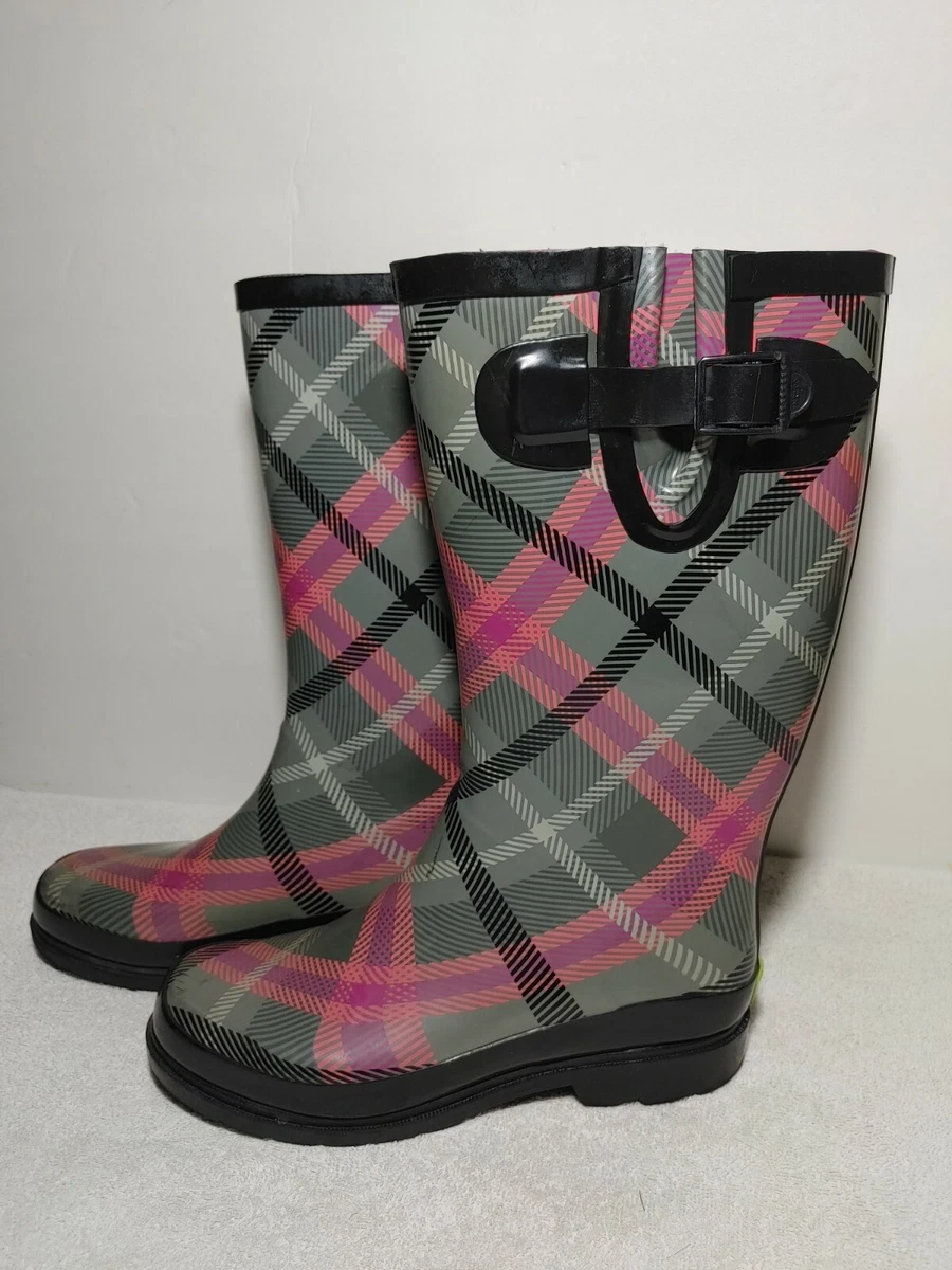 Western Chief Rain Boots Womens SIZE 6 Playful Plaid Gray