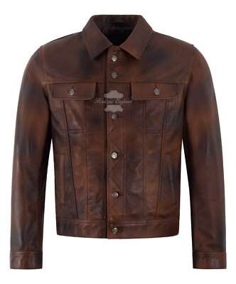 Men's Trucker Classic Western Soft Waxed Leather Shirt Style Denim Look Jacket