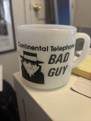 Vintage RARE FIRE KING Continental Telephone Bad Guy MILK GLASS Coffee MUG