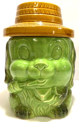 VINTAGE JAPAN COOKIE JAR ~ GREEN POODLE DOG IN STRAW HAT ~ EATING PIE / CHEESE