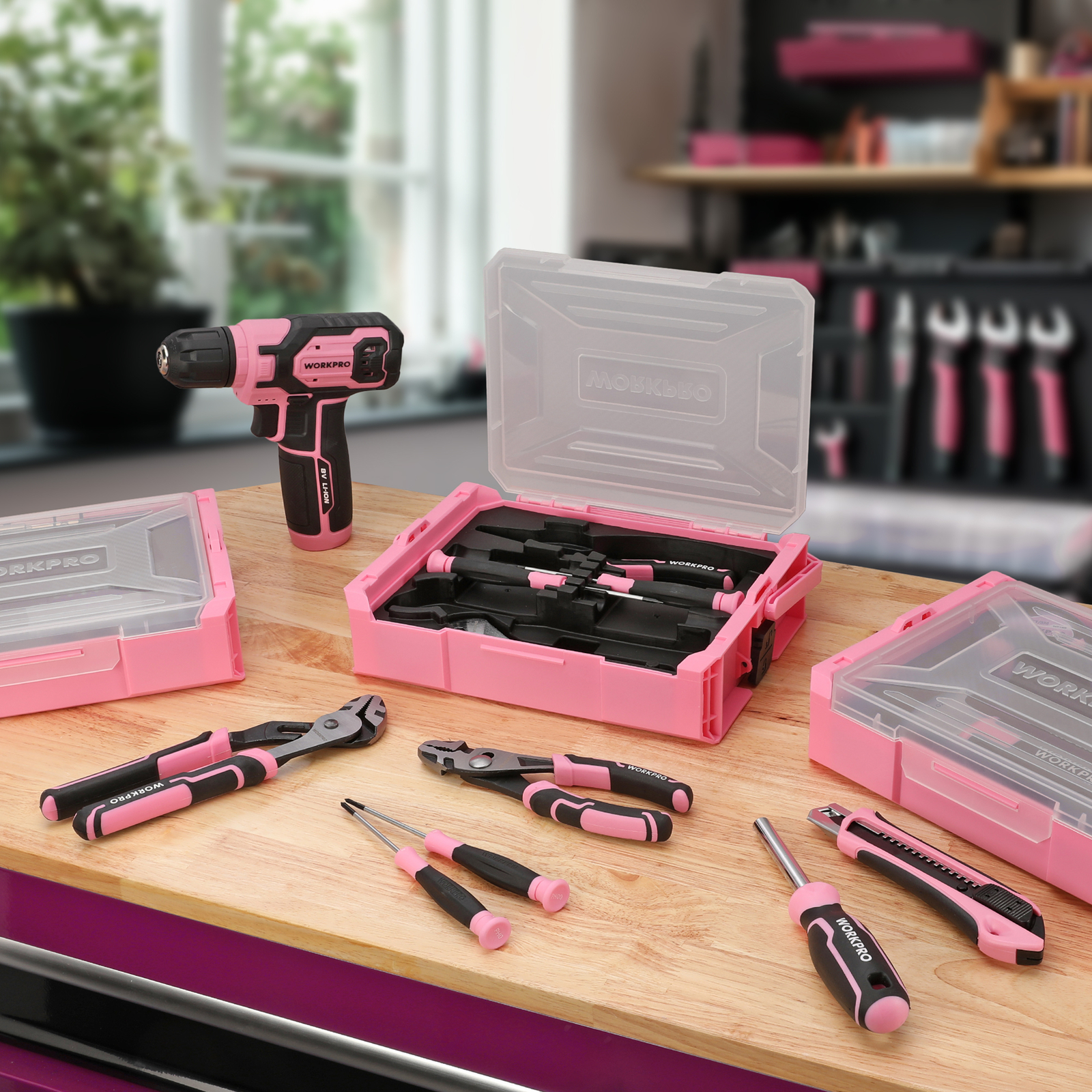Pink Cordless Drill Driver with Toolbox 43PC wi/8V Lithium-ion Power Drill&Bits